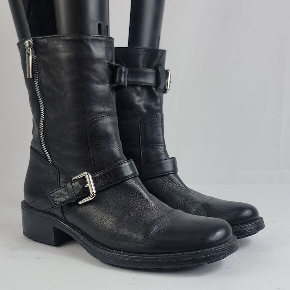 Aquatalia Sweet Black Leather Buckle Zip Sweet Moto Boots - Picture 1 of 12